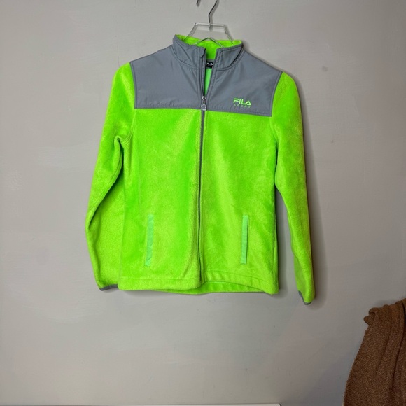 Fila Sport Girls Neon Green /Grey Fleece Jacket Size L 14 Sport Sweater Coat - Picture 1 of 5